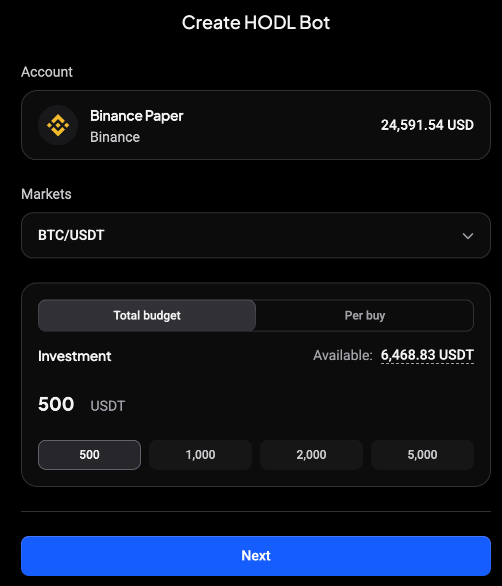 Create HODL Bot step with Binance Paper, BTC/USDT, Total budget and a 500 USDT investment