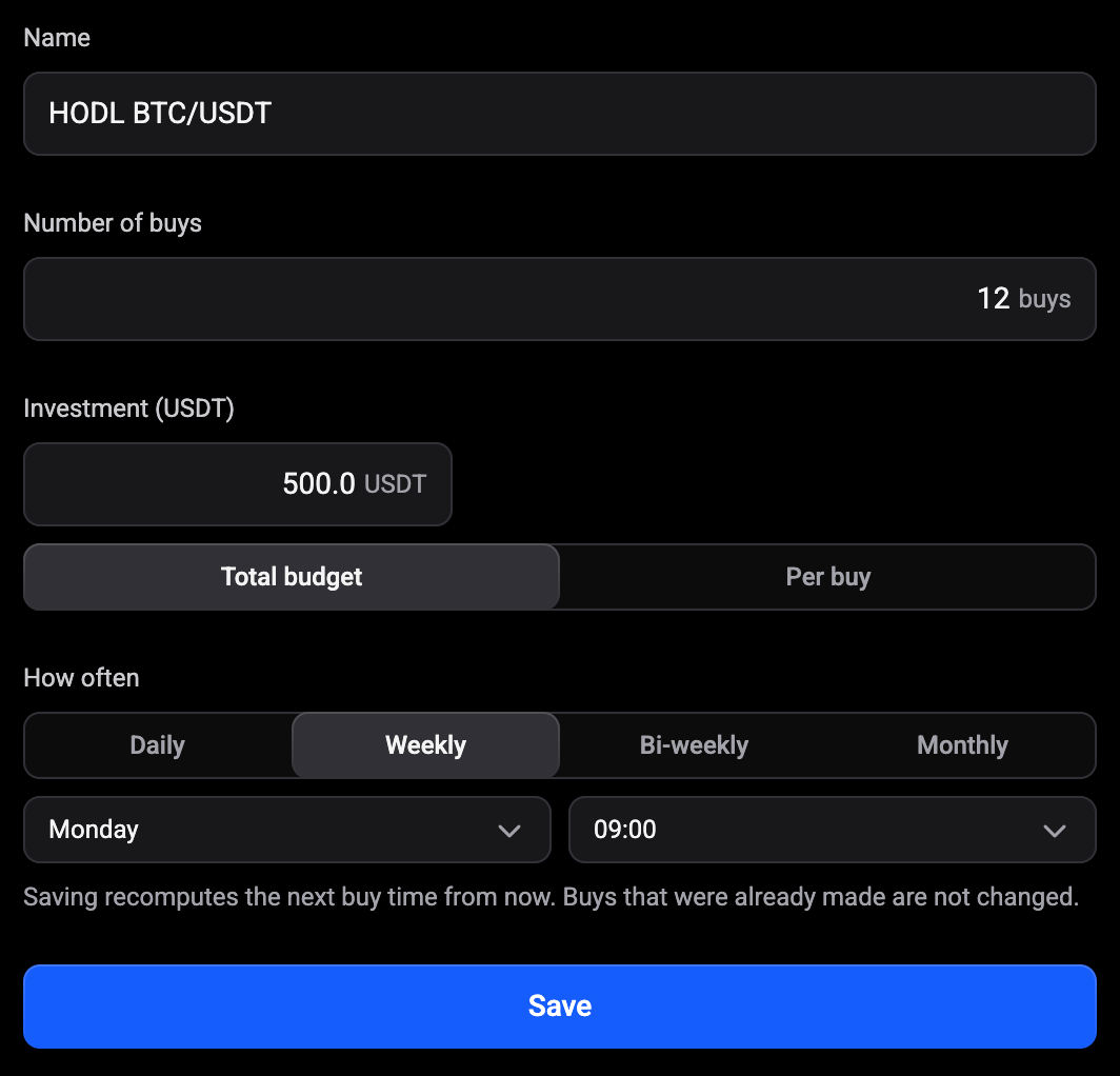 HODL bot Settings tab with name, number of buys, investment, frequency, day and time, and the Save button