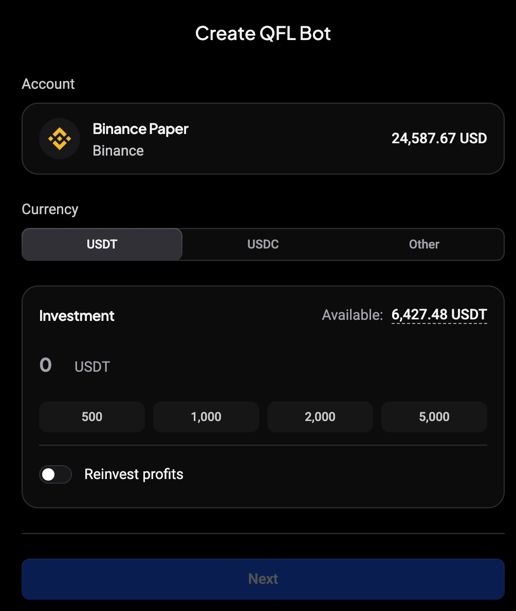 Stap Create QFL Bot met Binance Paper, USDT als currency, knoppen voor de investering en Reinvest profits