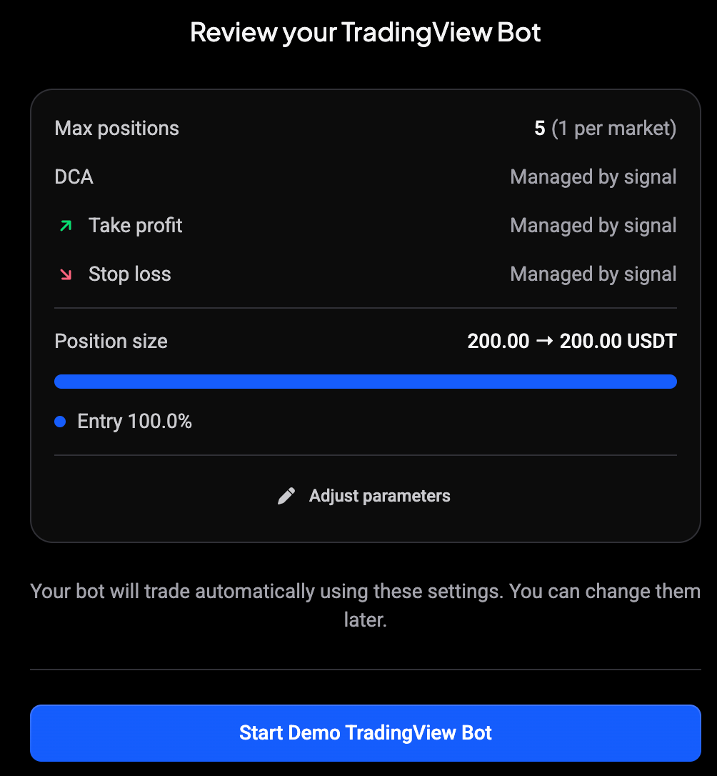 Review your TradingView Bot met DCA, take profit en stop loss beheerd door het signaal, en de knop Start Demo TradingView Bot