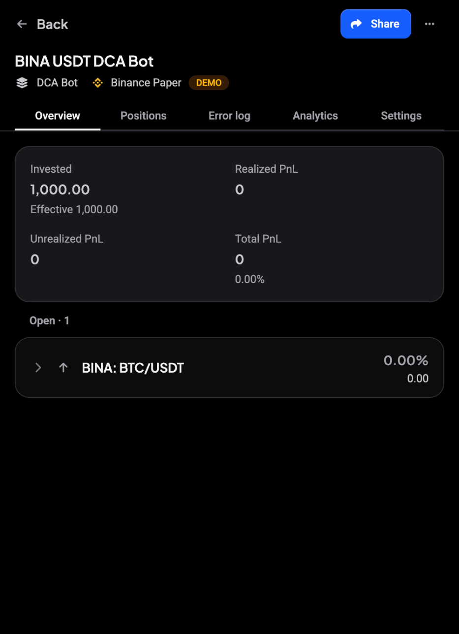Bot page on a phone with the DCA Bot header, stats and one open position