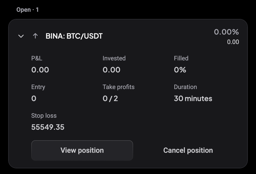 Expanded position on a phone with P&L, invested, filled, entry, take profits, duration, stop loss and the View position and Cancel position buttons