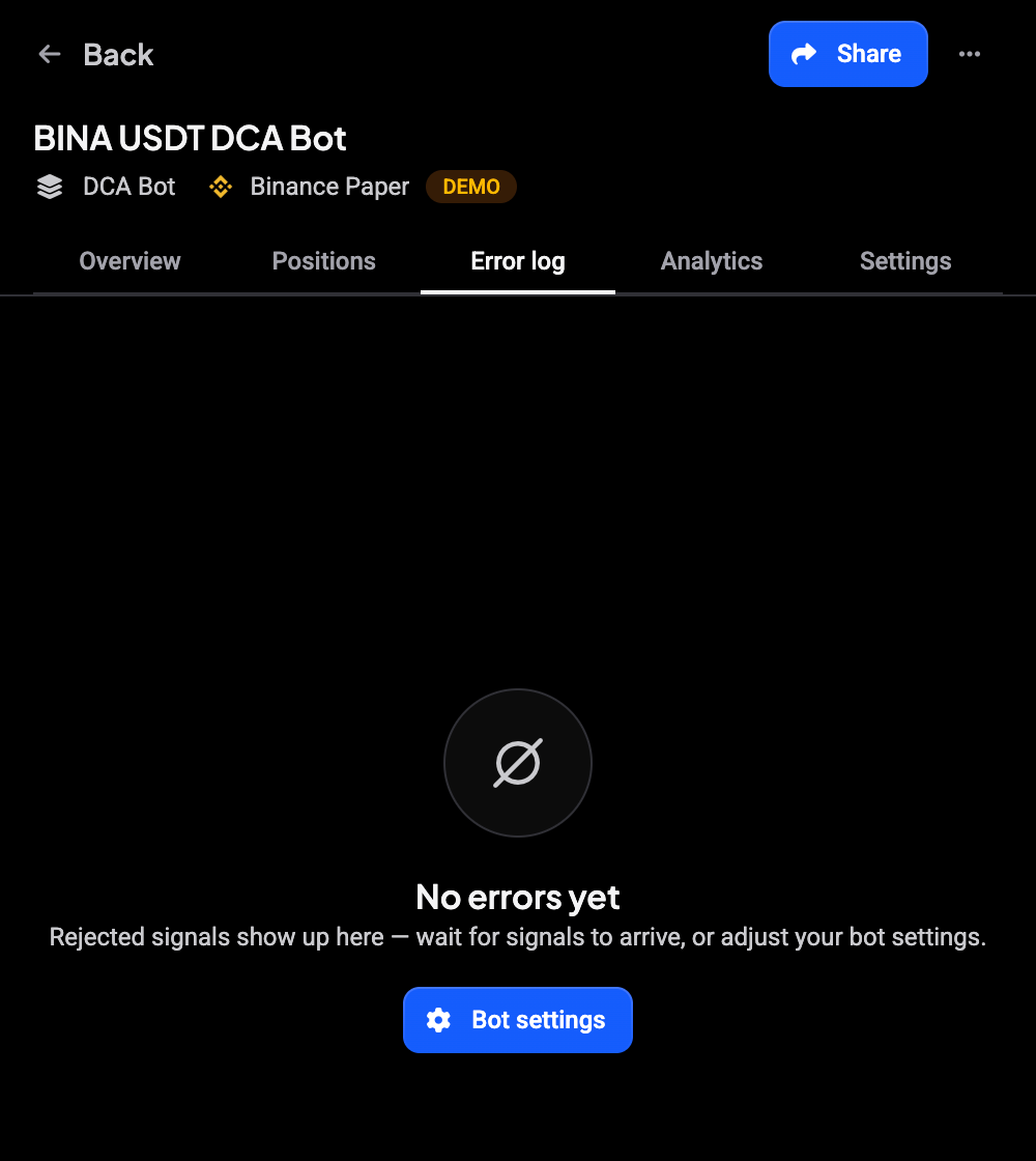 Error log tab on a phone showing No errors yet and the Bot settings button