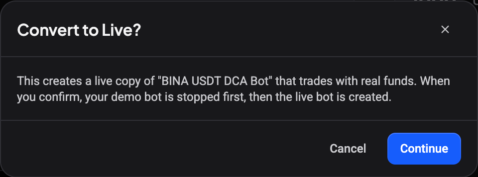 Convert to Live confirmation explaining that a live copy trades with real funds and the demo bot is stopped first
