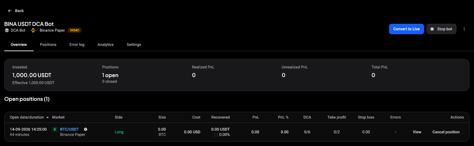 Bot details Overview on desktop with the DCA Bot header, Convert to Live and Stop bot buttons, the stats and an open position