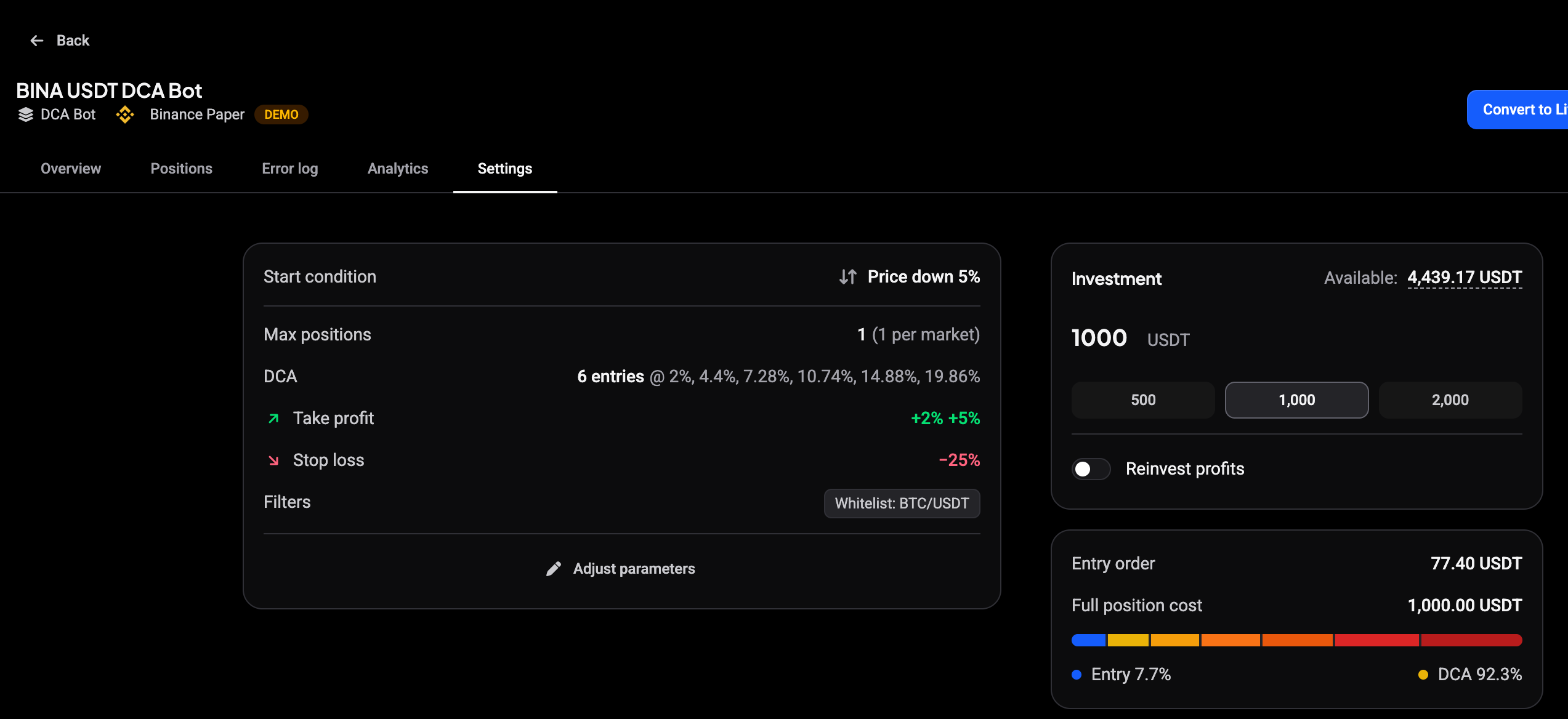 Bot Settings tab with the start condition Price down 5%, max positions, DCA entries, take profit, stop loss, filters, investment and position cost