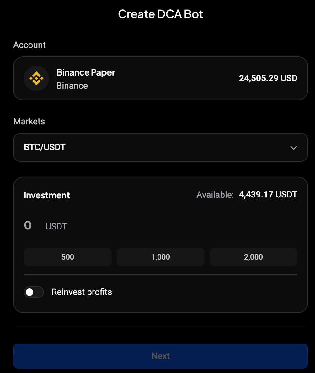 Create DCA Bot opened from Duplicate with Binance Paper and BTC/USDT kept and the investment still empty