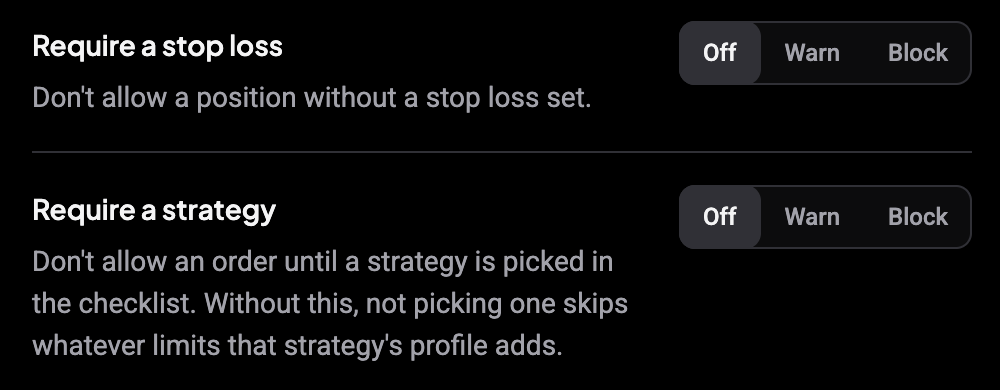 Require a strategy rule in the risk profile editor with its Off, Warn, Block switch, below Require a stop loss