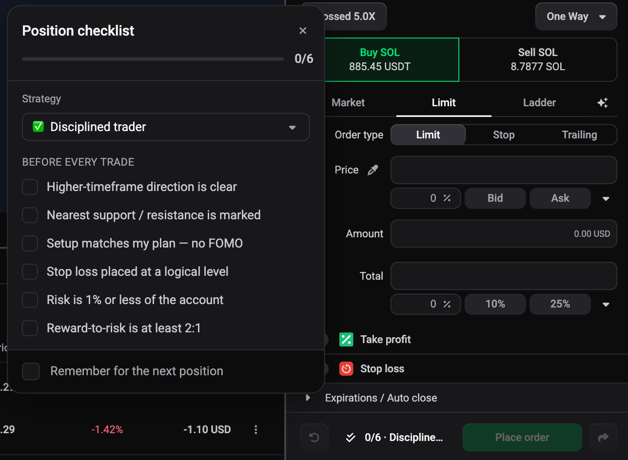 Trading terminal Position checklist panel with a strategy picked, its checklist items, the Remember for the next position footer, and the strategy button showing 0/6 in the order row
