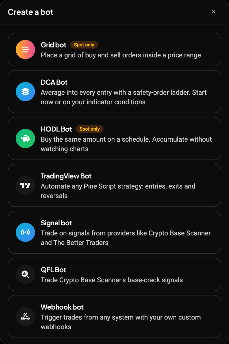 Create a bot dialog listing Grid bot (Spot only), DCA Bot, HODL Bot (Spot only), TradingView Bot, Signal bot, QFL Bot and Webhook bot, each with a one-line description