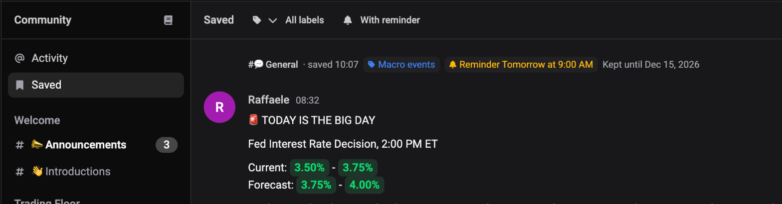 The Saved view listing a bookmarked message with its channel, the Macro events label, a Reminder Tomorrow at 9:00 AM chip and a Kept until date, with the All labels and With reminder filters at the top