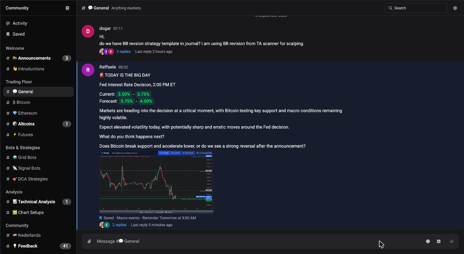 The Community screen: Activity and Saved views above the channel groups in the left sidebar, the #general conversation in the middle, and the message box at the bottom