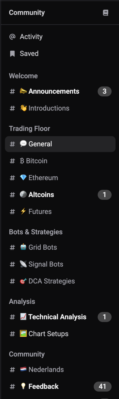 Community Chat sidebar: the Activity and Saved views at the top, then channel groups with public channels marked with # and unread channels in bold with a count