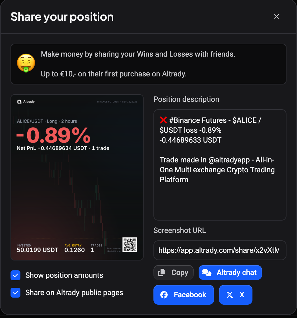 The Share your position dialog with the position card preview, the Position description text, the Screenshot URL, and the Copy, Altrady chat, Facebook and X buttons