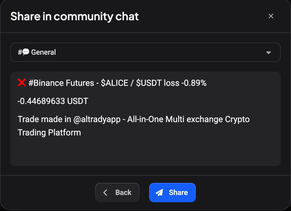 The Share in community chat modal with the channel dropdown set to #General, the editable post text, and the Back and Share buttons