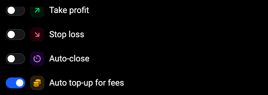 Schakelaars op het tabblad Settings van een grid bot: Take profit, Stop loss en Auto-close uit, Auto top-up for fees aan