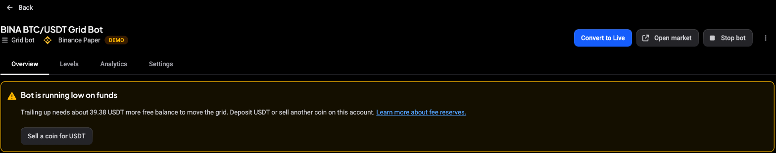 Grid bot-pagina met het vak Bot is running low on funds: Trailing up needs about 39.38 USDT more free balance to move the grid, met de knop Sell a coin for USDT