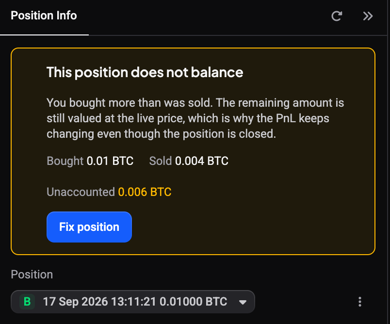 The Position Info widget in the trading terminal showing the This position does not balance notice with Bought 0.01 BTC, Sold 0.004 BTC, Unaccounted 0.006 BTC and the Fix position button above the position picker