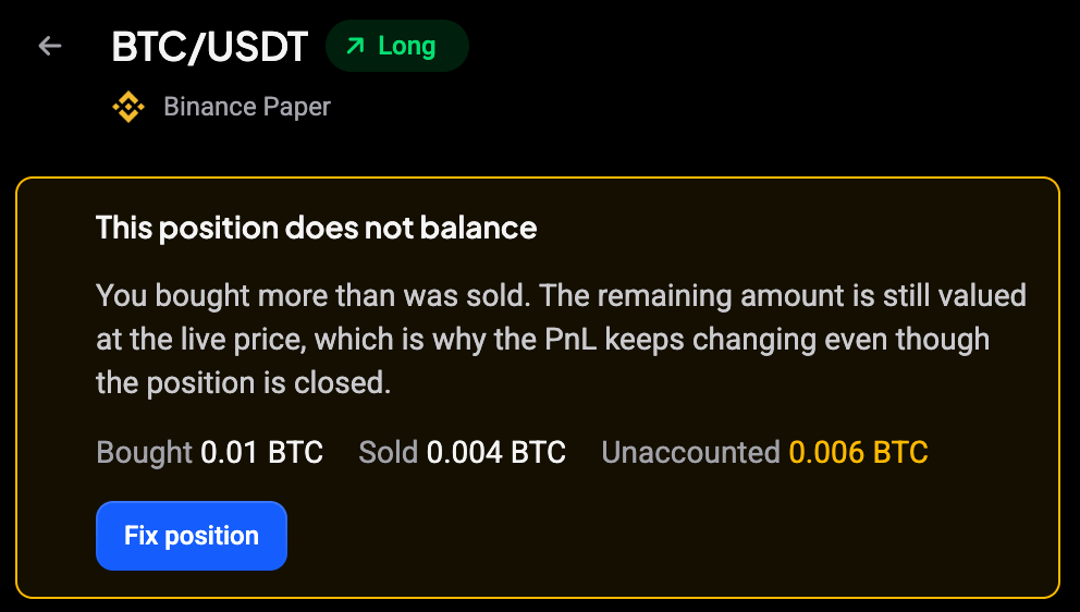 The This position does not balance notice at the top of a Journal position review page for BTC/USDT on Binance Paper, listing Bought 0.01 BTC, Sold 0.004 BTC, Unaccounted 0.006 BTC and the Fix position button