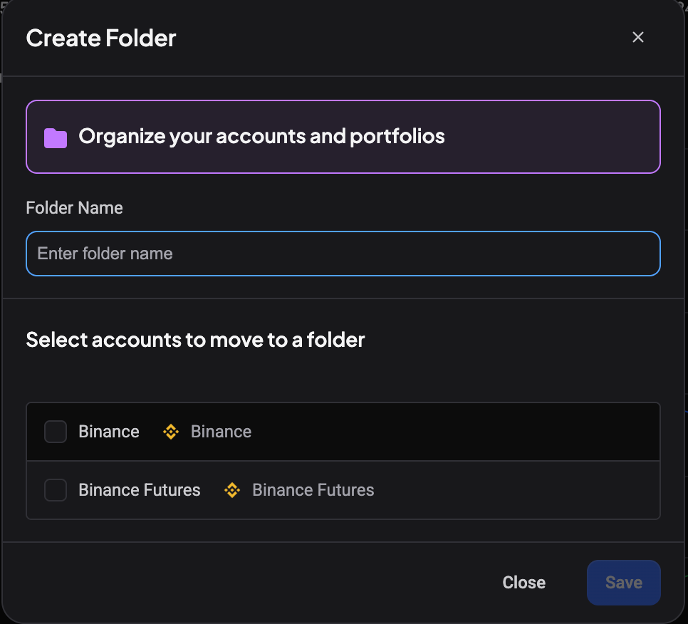 Het Create Folder-dialoogvenster: een Folder Name-veld en een lijst Select accounts to move to a folder met een selectievakje naast elk gekoppeld account, boven de knoppen Close en Save