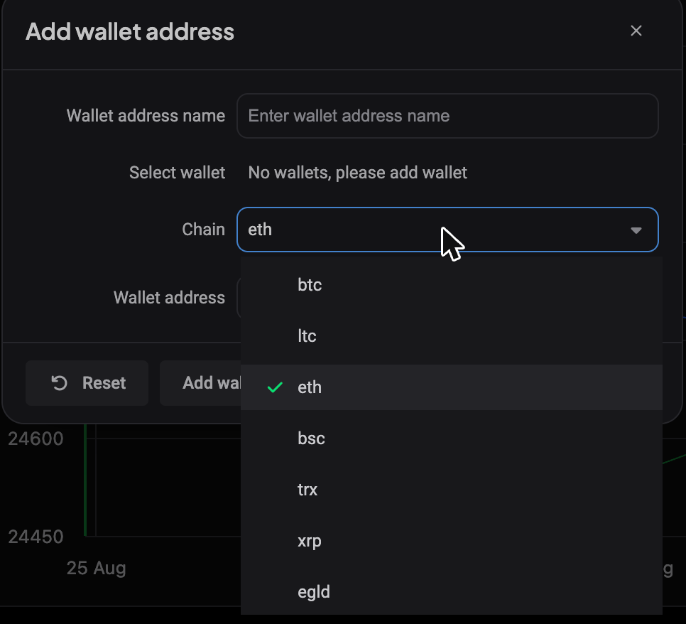 Het dialoogvenster Add wallet address met de Chain-keuzelijst open, met de ondersteunde chains btc, ltc, eth, bsc, trx, xrp en egld