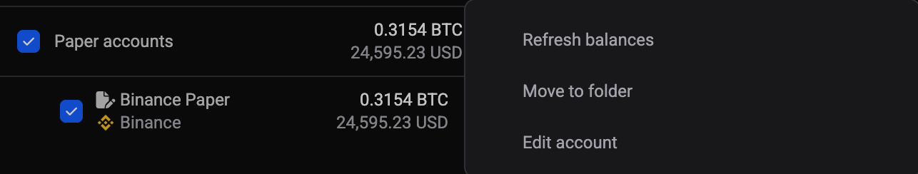 Het contextmenu van een account in de My Accounts sidebar, met Refresh balances, Move to folder en Edit account