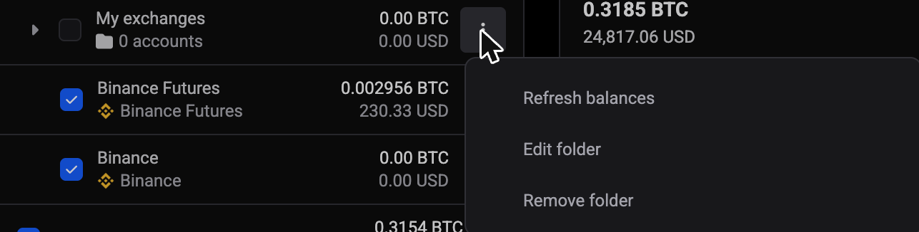 Het contextmenu van een map in de My Accounts sidebar, met Refresh balances, Edit folder en Remove folder