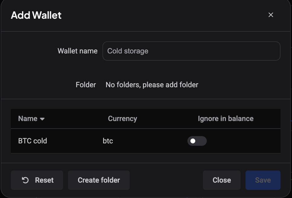 Het bewerkvenster van de wallet met de adressen in een tabel met de kolommen Name, Currency en een schakelaar Ignore in balance