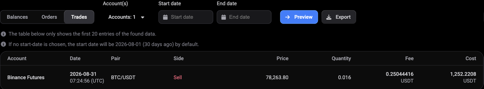 De exportpreview: de tabbladen Balances, Orders en Trades met de account- en datumkeuzes, een opmerking dat de tabel alleen de eerste 20 rijen toont, en een voorbeeldtabel met resultaten