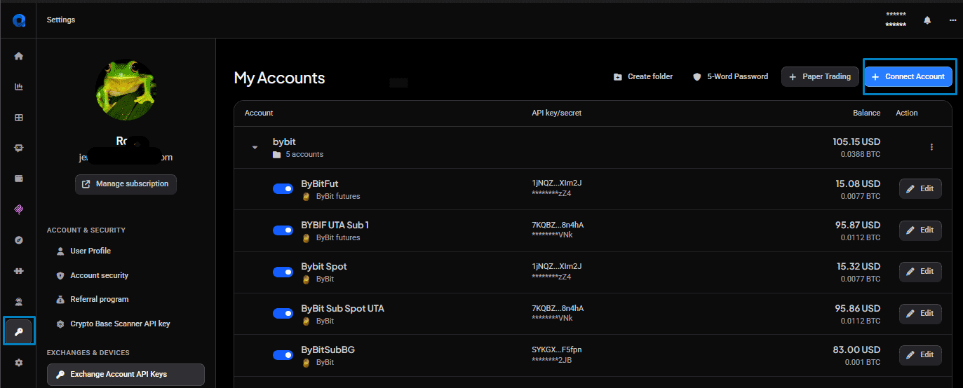 Exchange Account API keys page in Altrady with the Connect Account button