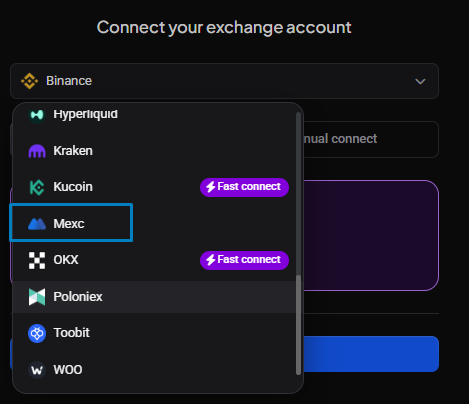 The exchange dropdown with MEXC selected