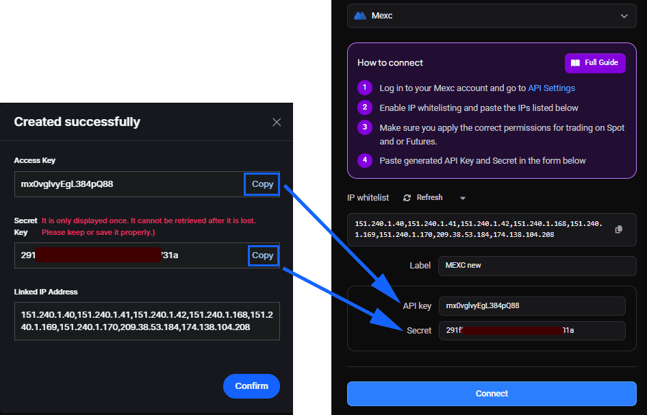 The API key and secret shown on MEXC, ready to copy into Altrady