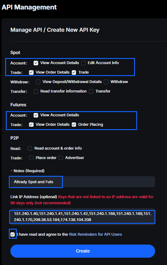 MEXC API key permissions with the spot and futures trading boxes ticked