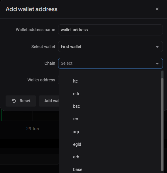 Het dialoogvenster Add wallet address met de Chain-keuzelijst open, gescrold naar ltc, eth, bsc, trx, xrp, egld, arb en base