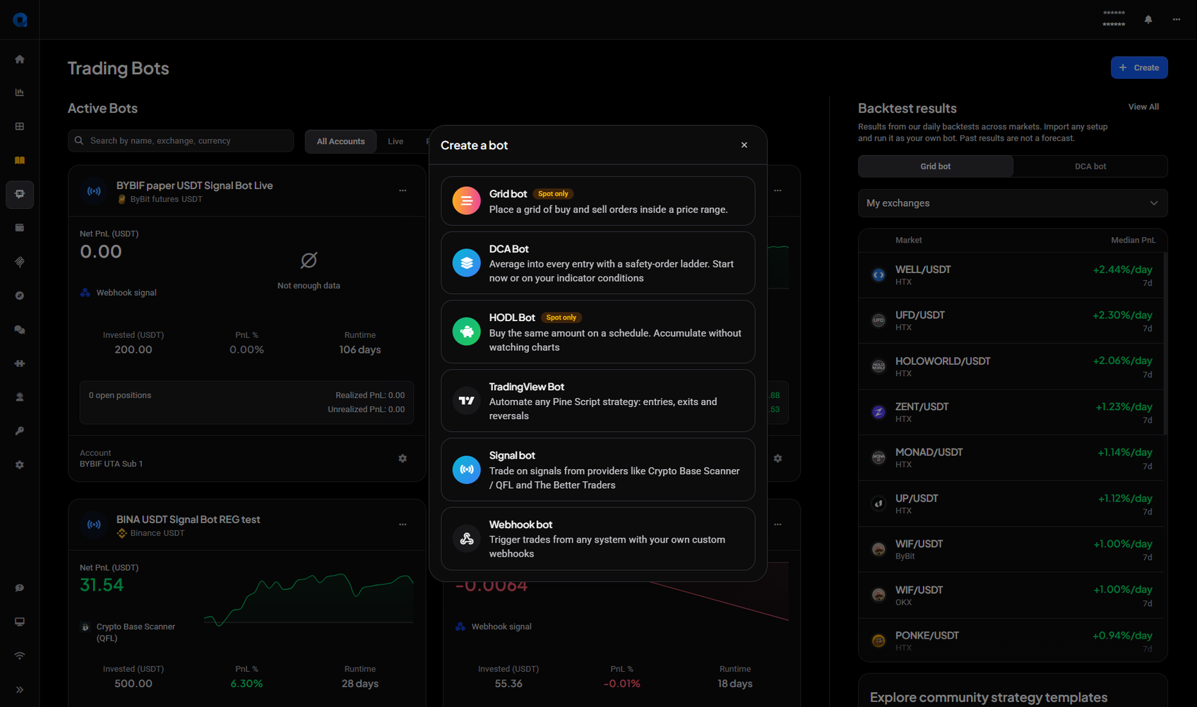 Create a bot dialog over the Trading Bots page, listing Grid bot (Spot only), DCA Bot, HODL Bot (Spot only), TradingView Bot, Signal bot and Webhook bot, each with a one-line description