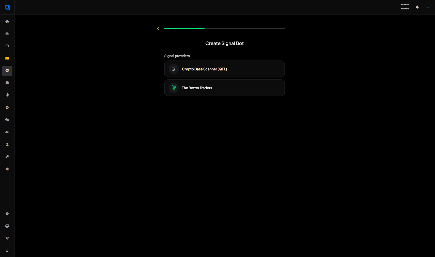 Create Signal Bot screen with the Signal providers Crypto Base Scanner (QFL) and The Better Traders
